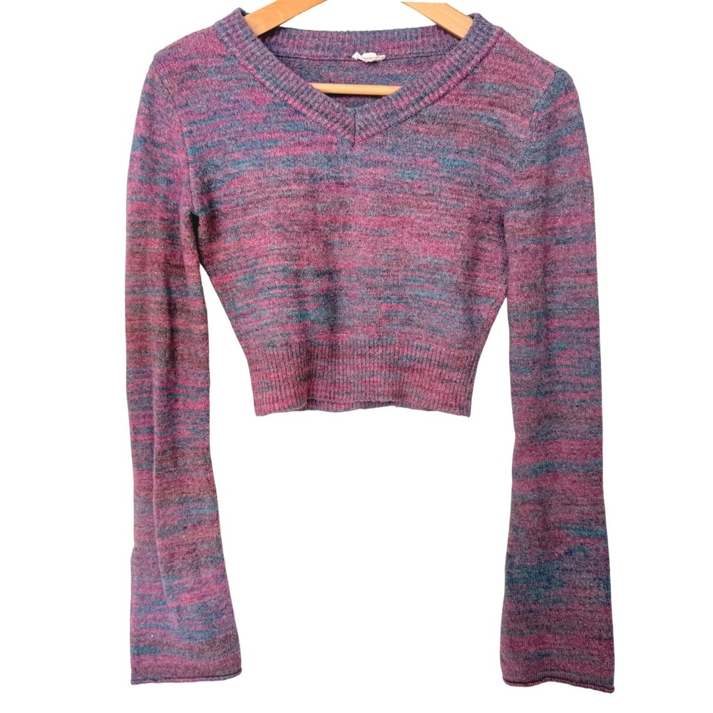 Y2K GARAGE Multi Color Marled Knit V Neck Bell‎ Sleeve Cropped Sweater XS